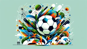 サッカーの魅力と興奮を表現した抽象的なフラットイラスト。エネルギッシュなデザインで、ボールや選手、スタジアムの雰囲気が抽象的な形状と色で描かれている。