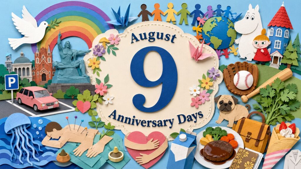 8月9日は何の日かを紹介し、ながさき平和の日、長崎原爆忌、世界の先住民の国際デー、ムーミンの日など32の記念日を解説