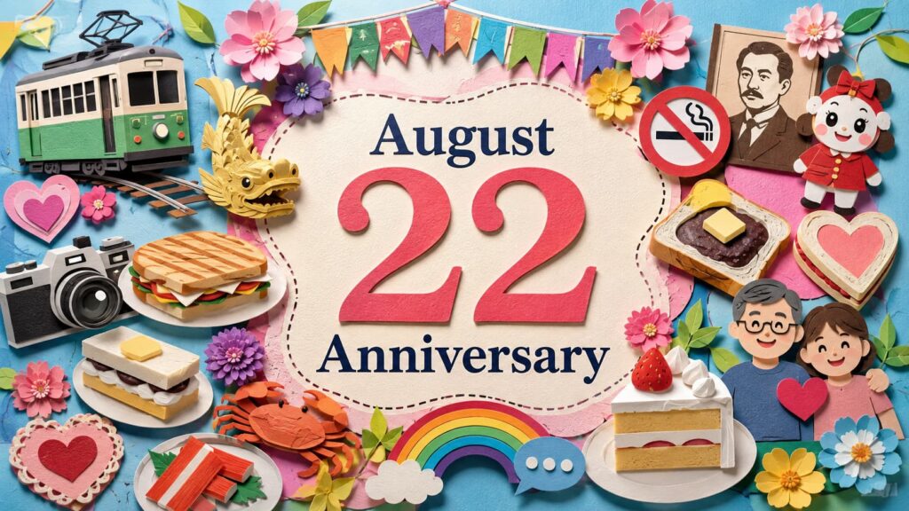 8月22日は何の日かを紹介し、チンチン電車の日、金シャチの日、はいチーズ！の日、みんなのあんバターの日、藤村忌などの記念日を解説