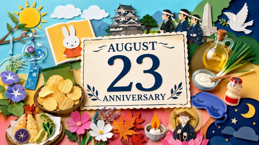8月23日は何の日かを知りたい人に向けて、処暑、奴隷貿易とその廃止を記念する国際デー、白虎隊自刃の日、湖池屋ポテトチップスの日、油の日など12の記念日の由来と意味をわかりやすくまとめた内容