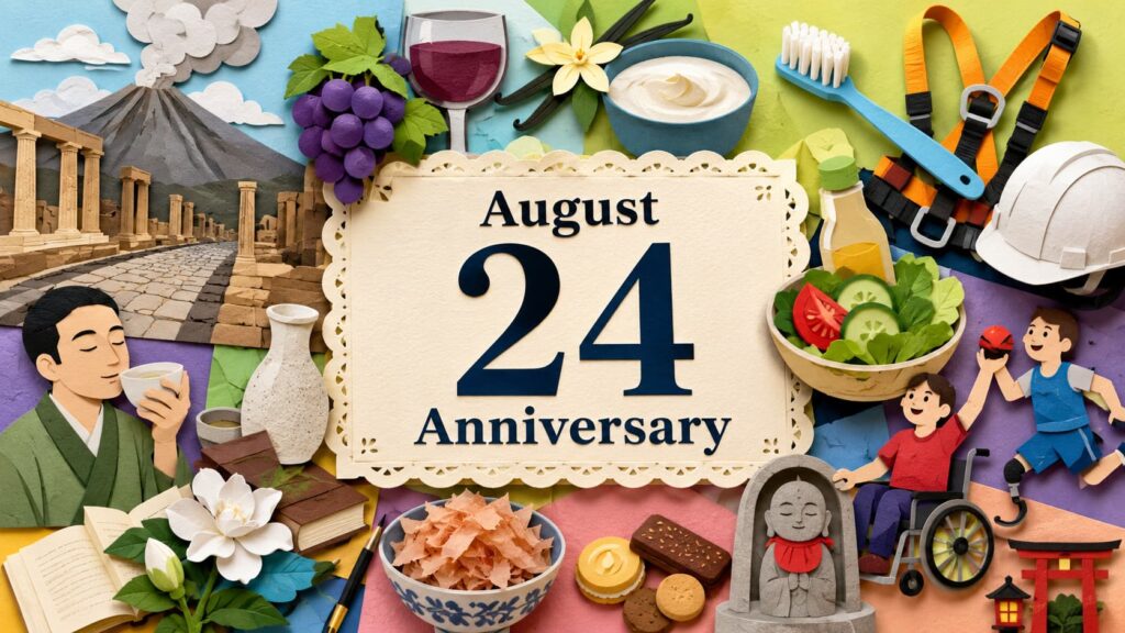 8月24日は何の日かを知りたい人に向けて、愛酒の日、ポンペイ最後の日、バニラヨーグルトの日、歯ブラシの日、ジャパンパラリンピックデーなど13の記念日の由来と意味をまとめた内容