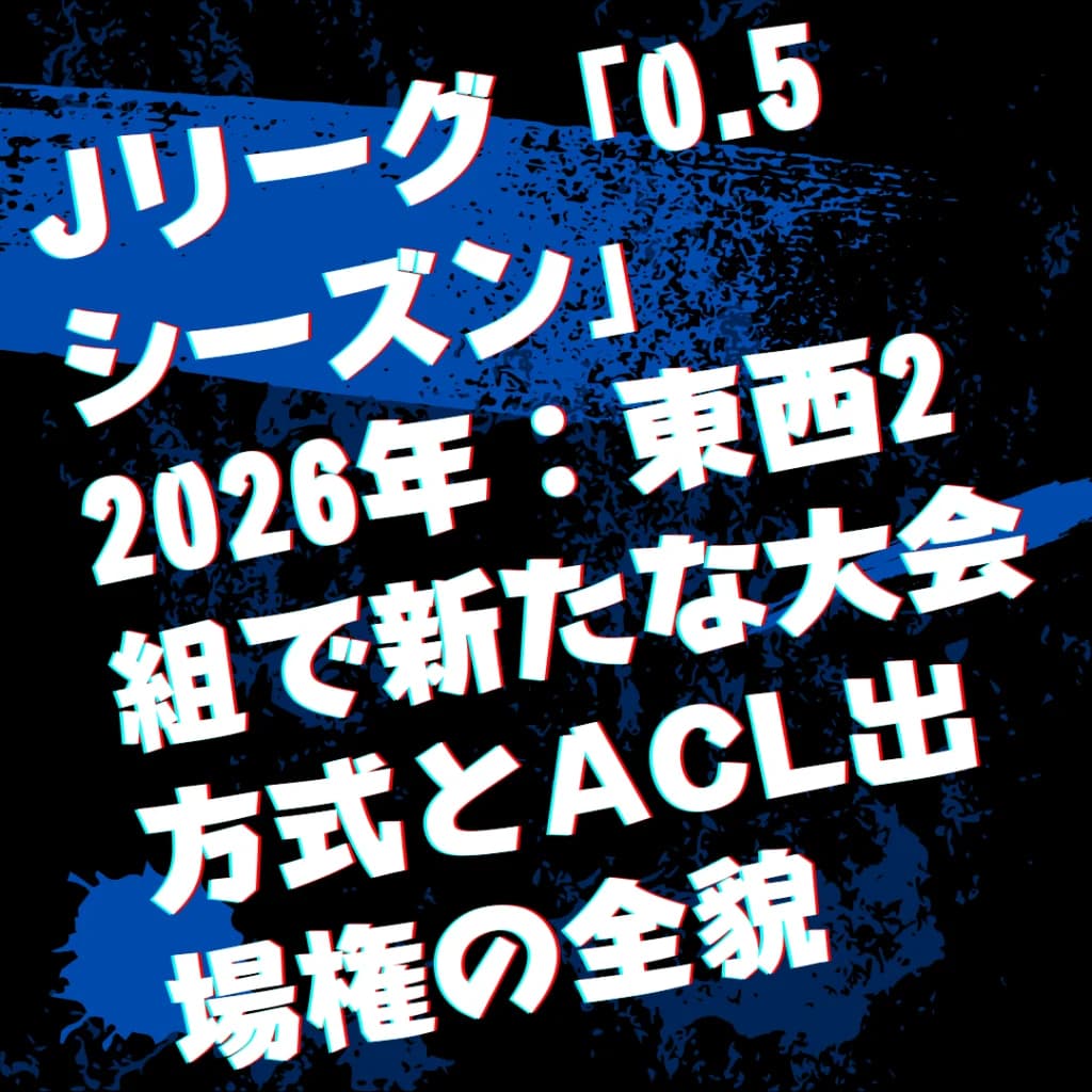 2026年に導入されるJリーグ「0.5シーズン」の概要を伝える視覚的デザイン。東西2グループの大会方式やACL出場権について説明。