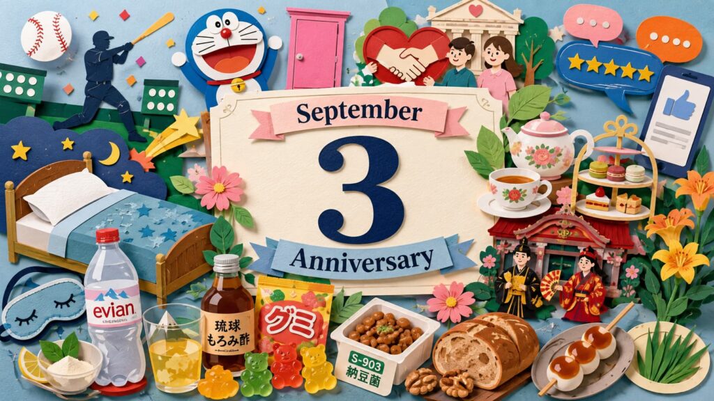 9月3日は何の日？ホームラン記念日、ドラえもんの誕生日、グミの日、組踊の日、秋の睡眠の日など9月3日の主な記念日を紹介