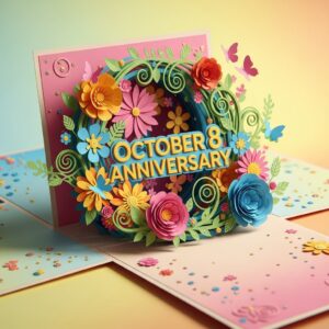 10月8日の記念日を祝うカラフルなメッセージカード、色とりどりで華やかなデザイン。