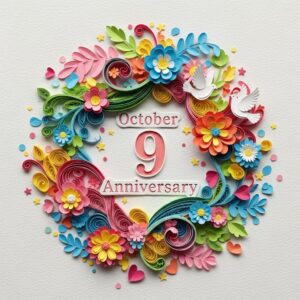 10月9日の記念日を祝うカラフルなペーパーアートのメッセージカード。数字が中央に大きく表示されている。