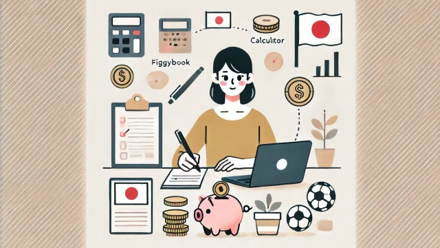 Dall·e 2024 10 23 13.01.52 A Flat Illustration Of A Japanese Woman Sitting At A Table Managing Her Finances With A Notebook, Pen, And A Laptop. Surrounding Her Are Symbols Like