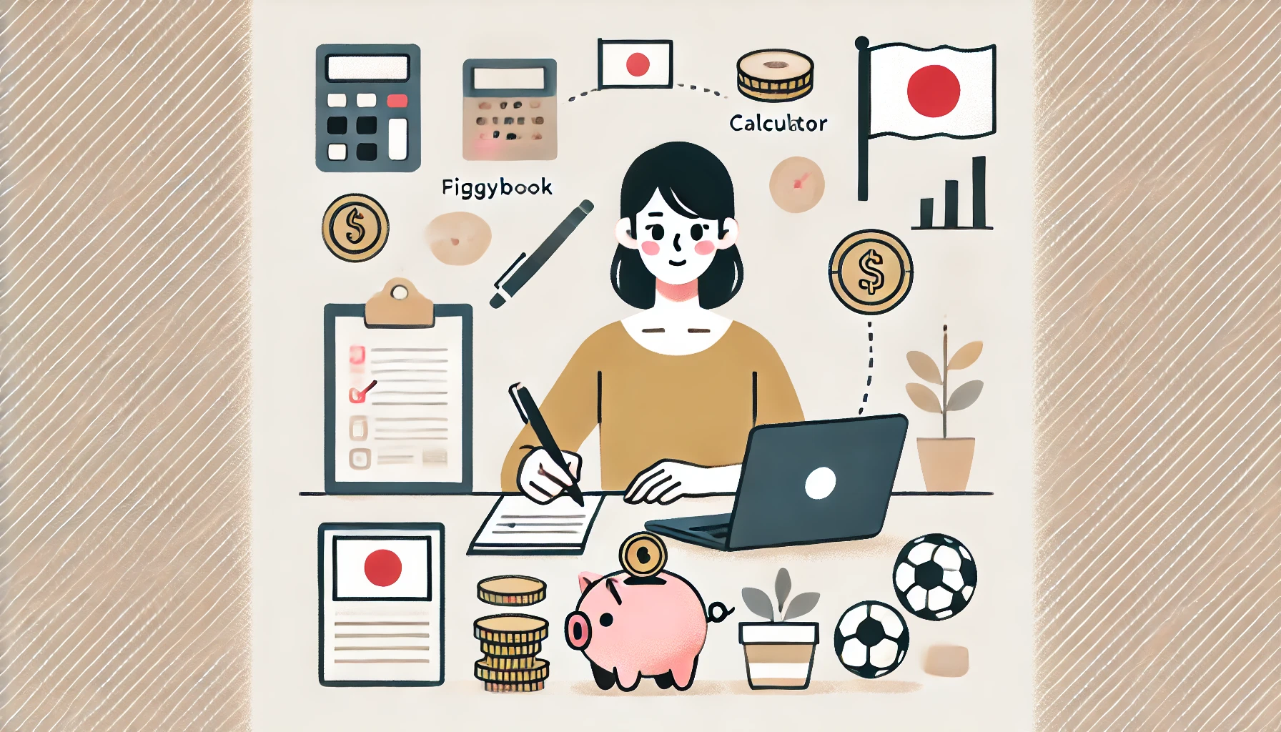 Dall·e 2024 10 23 13.01.52 A Flat Illustration Of A Japanese Woman Sitting At A Table Managing Her Finances With A Notebook, Pen, And A Laptop. Surrounding Her Are Symbols Like