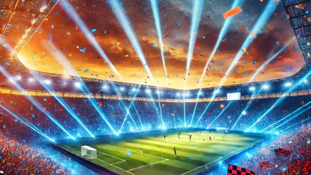 Dall·e 2024 10 12 20.40.28 A Vibrant Soccer Stadium Scene During An Autumn Evening, With Blue And Orange Lasers Lighting Up The Sky, Confetti Falling Everywhere, And A Massive C