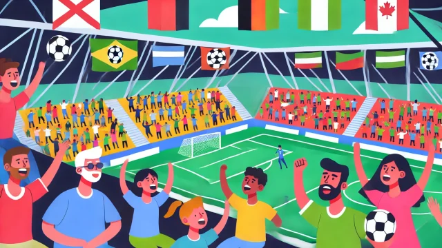 Dall·e 2024 10 04 14.46.11 A Flat Illustration Depicting The Excitement And Joy Of Soccer Fans At A Stadium. The Scene Captures Diverse Fans, Including Families, Cheering For Th