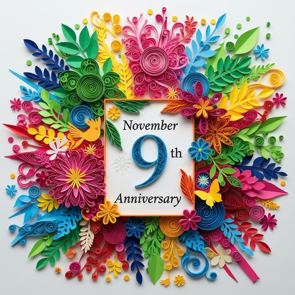 11月9日の記念日を祝うカラフルな紙アートのメッセージカード、中央に大きな数字「9」を強調