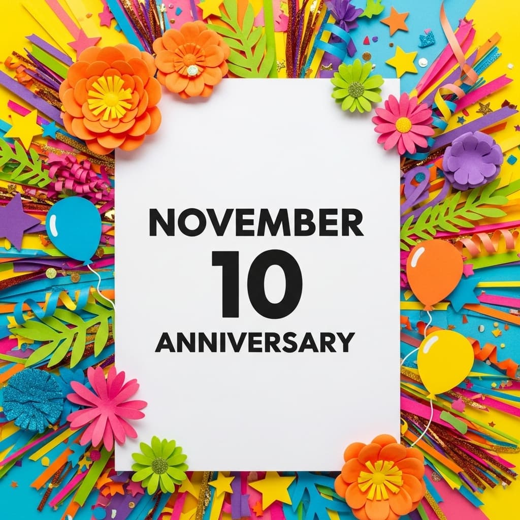 11月10日記念日のための華やかな紙アート。カラフルな紙の花や風船、コンフェッティで飾られた楽しいデザイン。