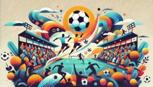 抽象的なフラットイラストで、サッカー観戦の興奮とエネルギーを表現したもの。スタジアムの雰囲気、観客の一体感、プレイヤーのダイナミックな動きを抽象的な色と形で描いている。