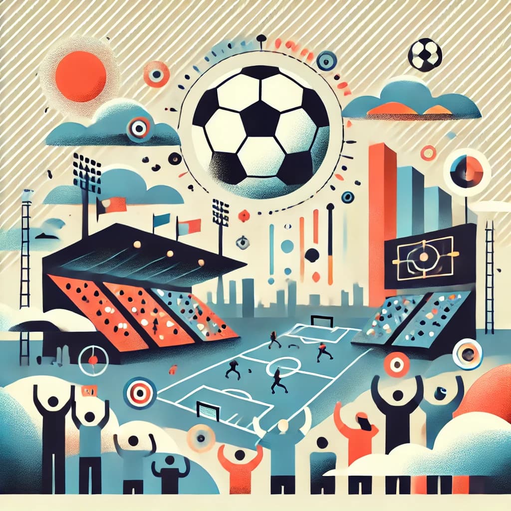 A flat abstract illustration of a soccer stadium with cheering fans, a soccer ball in motion, and subtle weather elements like sun and clouds, symbolizing the excitement and community of live soccer viewing.