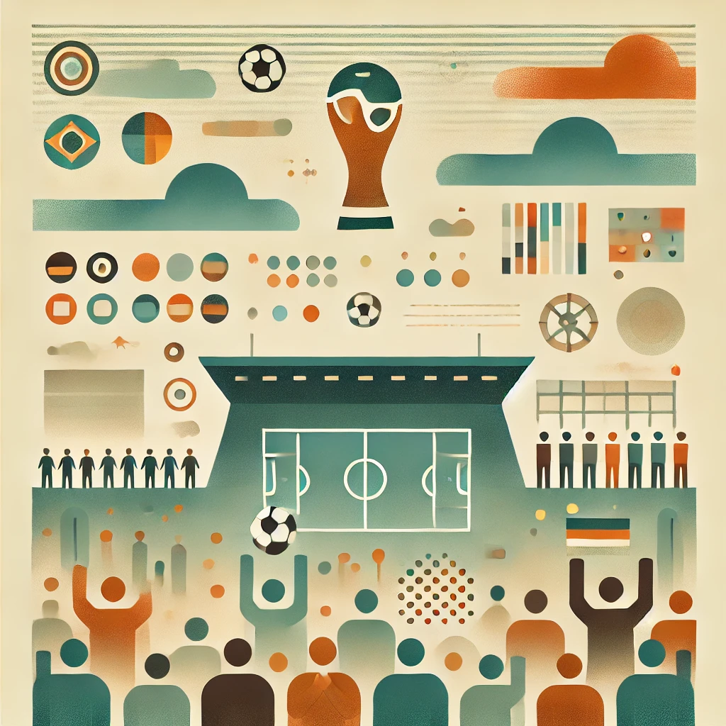 Abstract flat illustration representing a farewell football match with stadium outline, symbolic football elements, and abstract crowd in soft nostalgic colors