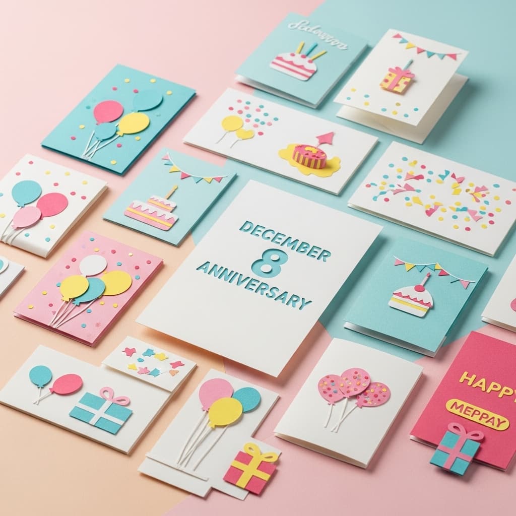 12月8日の記念日として針供養や御事納め、太平洋戦争開戦記念日などを紹介するカラフルなメッセージカードのイラスト