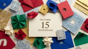 12月15日の記念日を象徴する年賀郵便特別扱いや観光バス記念日、ザメンホフの日をテーマにしたカラフルで華やかなイラスト