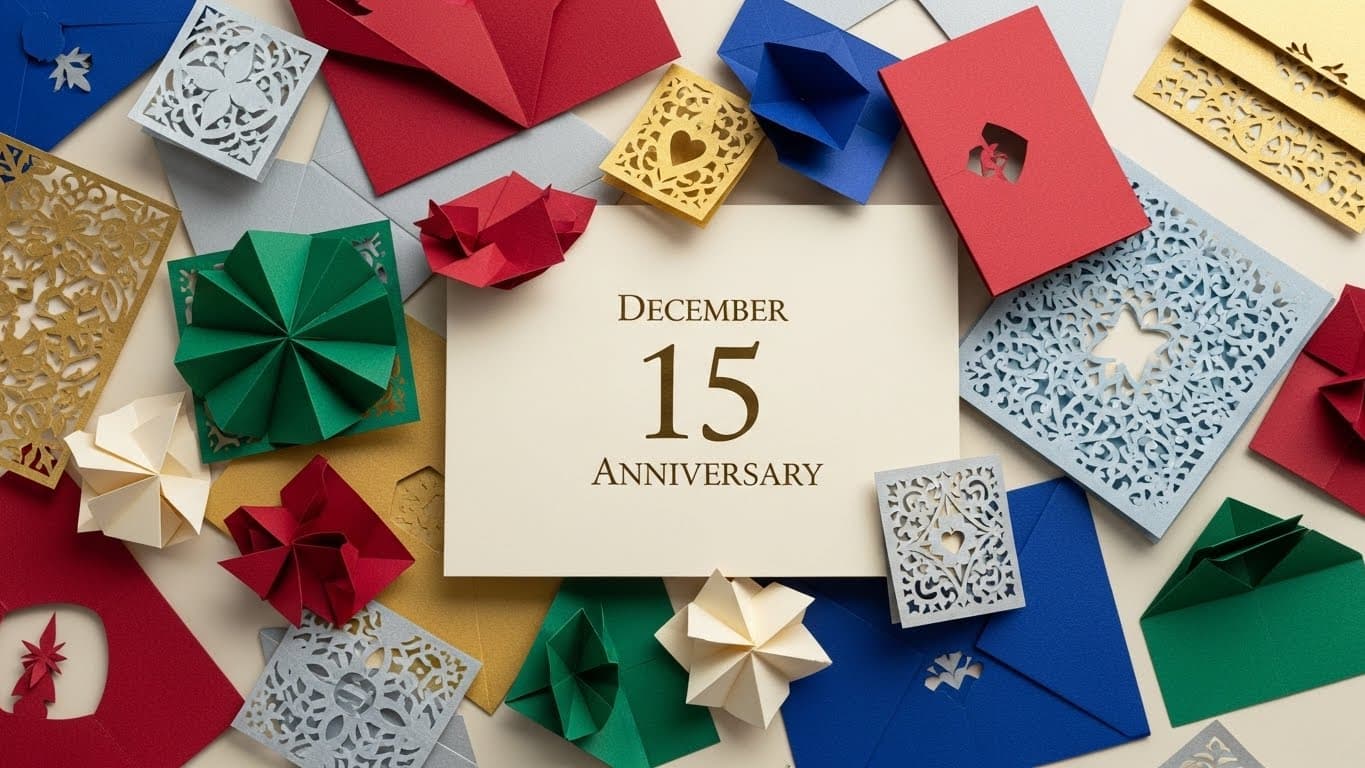 12月15日の記念日を象徴する年賀郵便特別扱いや観光バス記念日、ザメンホフの日をテーマにしたカラフルで華やかなイラスト