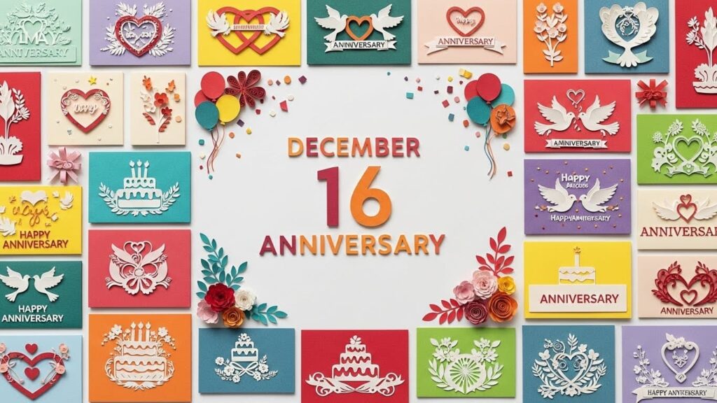 12月16日の記念日を紹介するブログ用のカラフルなメッセージカード風デザイン。電話創業の日や紙の記念日、フリーランスの日などに関連。