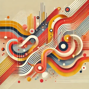 2024年NHK紅白歌合戦を象徴する抽象的なフラットイラスト。流れる線と幾何学模様が、音楽や文化の調和と祝祭を表現。温かみのある赤や金、白を基調にしたデザイン。