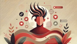 抽象的なフラットイラスト。ミュージシャンのヘアスタイルがトレンド入りした様子を象徴するデザインで、中央に髪型が特徴的な人物のシルエットと周囲に波形のエネルギーが広がる。温かみのある赤、ベージュ、グレーの色合いが使用されている。