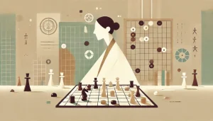 抽象的なフラットイラスト。女性が将棋の競技で集中する様子をイメージしたデザイン。幾何学的な形状と柔らかなベージュ、ライトブラウン、ソフトグリーンの色合いが特徴で、戦略と希望を象徴する静かな雰囲気。