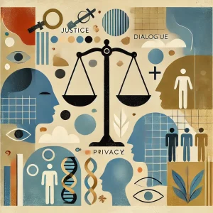 高額示談金事件をテーマにした抽象的なフラットイラスト。対話、正義、プライバシーを象徴する抽象的なデザインが、性被害問題や日本の示談文化を表現。