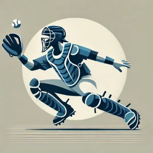 キャッチャーの抽象的なフラットイラスト。ミットを構えた姿がシンプルで洗練されたデザインで描かれています。