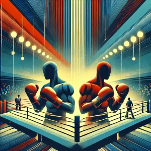 那須川天心とジェイソン・モロニーの対戦をイメージした抽象的なボクシング試合のフラットイラスト