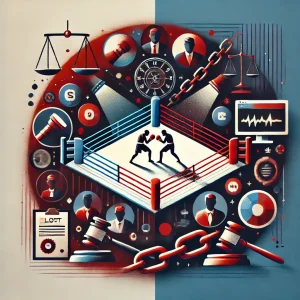 格闘技大会「ブレイキングダウン」のスキャンダルを象徴する抽象的なフラットイラスト。中央にボクシングリングが描かれ、周囲にメディアカメラや破れた鎖、裁判を暗示する木槌のアイコンが配置されたデザイン。