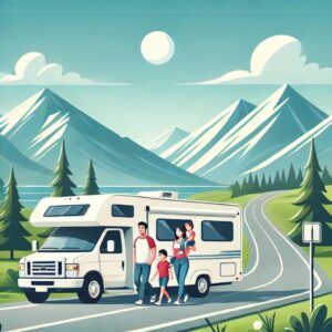 家族がキャンピングカーで旅行している様子を描いたフラットイラスト。山と緑に囲まれた道を走行中で、青空が広がる。