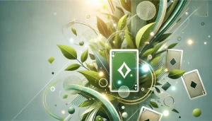 抽象的なデザインのイラスト。緑の葉、エネルギーの輝き、光のストリークが融合し、カードゲームの自然とエネルギーを象徴するデジタルアート。