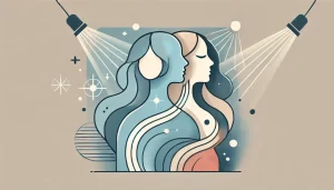 親子関係をテーマにした抽象的なフラットイラスト。母と娘を表す抽象的な人物が描かれ、舞台照明や柔らかな色合いで芸能界をイメージしたデザイン。