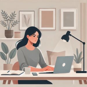 副業でサッカー観戦費用をまかなう女性が、自宅のデスクでノートパソコンを使い作業する様子を描いたイラスト。