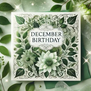 12月17日を祝う誕生日カード。緑色を基調とした美しいデザインで、花柄や装飾が施され、「December 17 Birthday」と英語で記載されています。