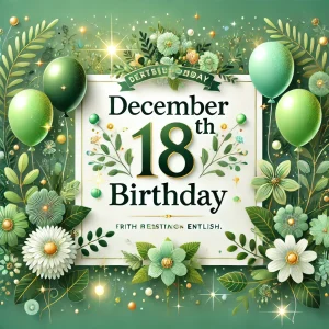 「12月18日 誕生日」と英語で記載された、緑色を基調にたくさんの装飾が施された美しい誕生日カードのデザイン。