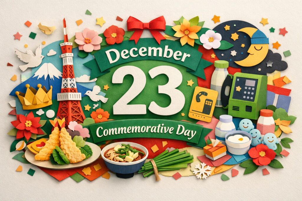 12月23日は何の日かを伝える、上皇の誕生日や東京タワー完成の日、食や文化の記念日をまとめたビジュアル