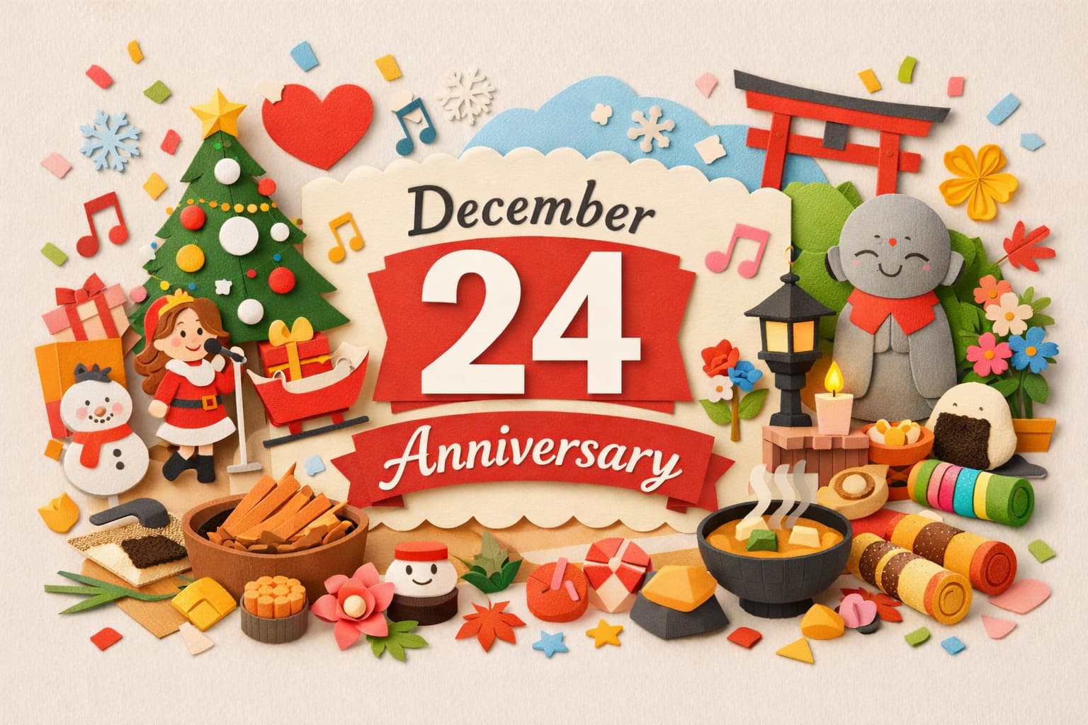 12月24日は何の日かがひと目でわかる、クリスマス・イヴや音楽、食文化、縁日を表現した記念日のイメージ