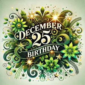 緑色を基調とした、華やかでおしゃれな「12月25日 誕生日」を祝うカード。花やリボンなどの装飾が施され、特別な日を彩るデザイン。