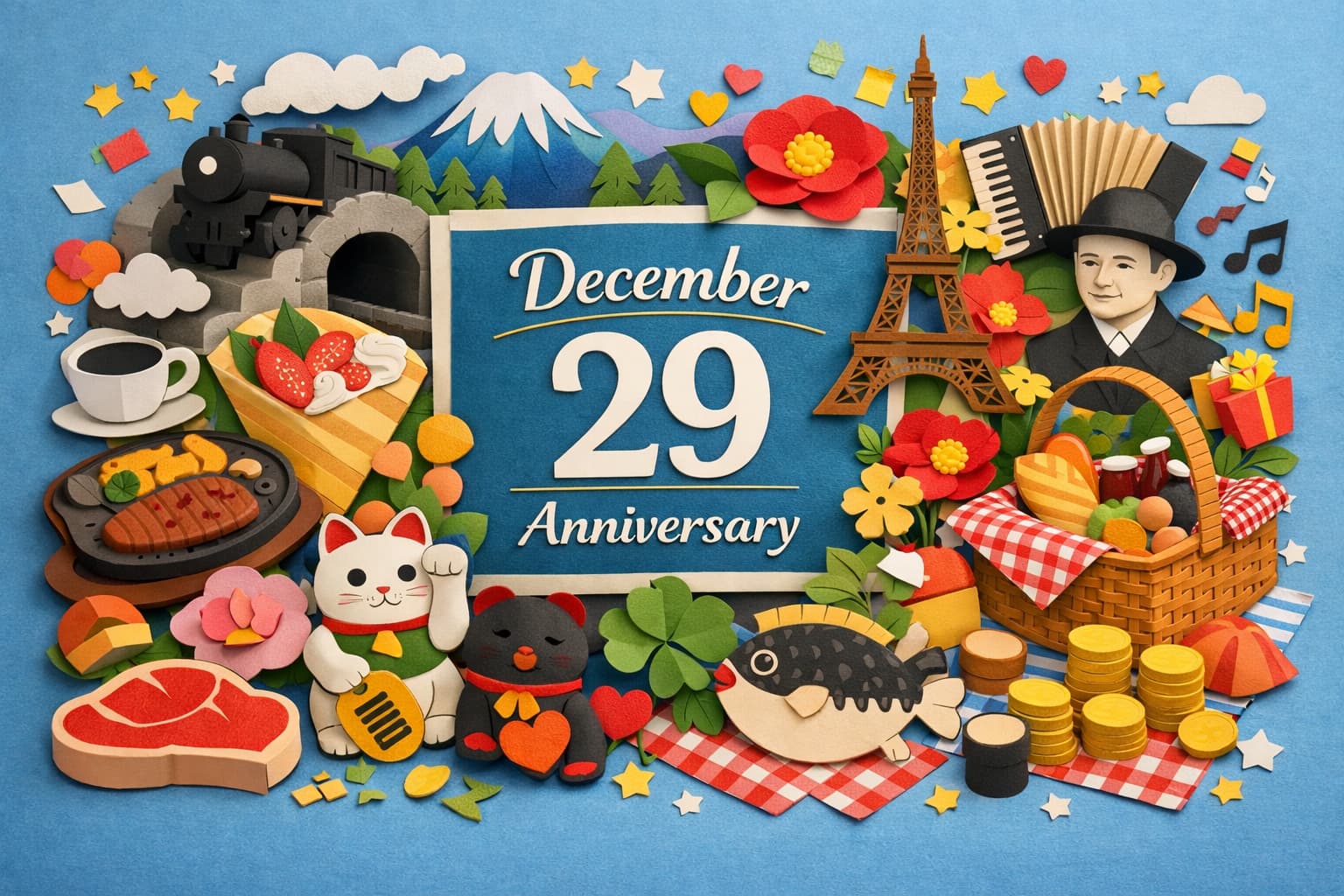 12月29日は何の日かを紹介する記事用のビジュアル。清水トンネル貫通記念日や福の日、肉の日、シャンソンの日、山田耕筰忌など年末の記念日をまとめた内容を表現