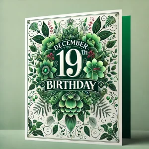 緑色を基調とした美しい誕生日カード。中心に「December 19th Birthday」の英語テキストが飾られ、華やかな装飾が施されています。