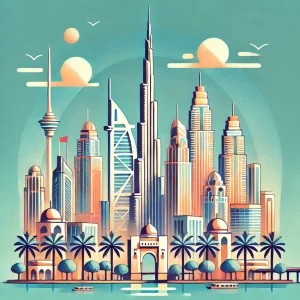 ドバイの高層ビルと椰子の木を描いたラグジュアリーな都市景観のフラットデザイン。
