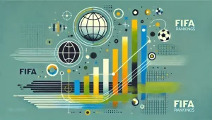 FIFAランキングに着想を得た抽象的なフラットイラスト。サッカー競技場、上昇するグラフ、地球をシンボル化したデザインが含まれ、国際サッカーの競争と進歩を表現しています。