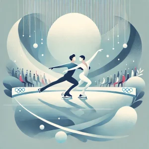 フィギュアスケート選手の宇野昌磨と本田真凜をイメージした、抽象的なフラットイラスト。2人が静かな氷上で滑る様子が描かれている。