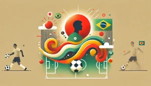 抽象的なフラットイラスト。ブラジル人サッカー選手のキャリアと日本での活躍を象徴するデザイン。温かみのある赤、黄、緑色で描かれたスタイリッシュなサッカー風景。