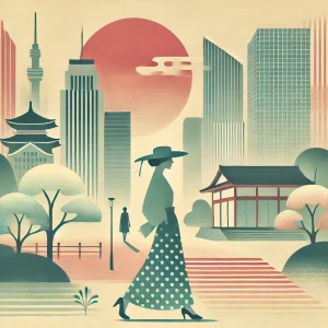 1988年のトレンディードラマ『君の瞳をタイホする！』の魅力をイメージした、日本の都市風景と懐かしい雰囲気を描いた抽象的なフラットイラスト