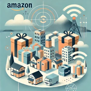 日本のふるさと納税制度とAmazonの参入をテーマにした抽象的なフラットイラスト。地域活性化、デジタル技術、伝統的な町並みを象徴する要素をパステルカラーで描写。