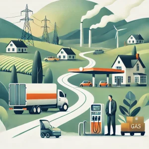 地方のガソリン補助金減額が車社会や移動販売業者に与える影響を象徴する抽象的なフラットイラスト。田舎の風景、曲がりくねった道、ガソリンスタンド、不安げな人々が描かれています。