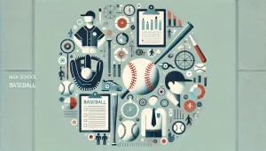 高校野球のルールや倫理をテーマにした抽象的なフラットイラスト。野球グローブ、バット、ボール、ホイッスル、書類が象徴的に描かれ、規律と教育を表現。