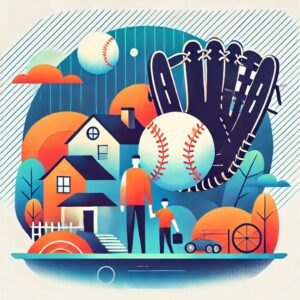 清水優心選手の挑戦と家族の支えを象徴する抽象的なイラスト。野球ボール、キャッチャーミット、家庭の温かさを表現。