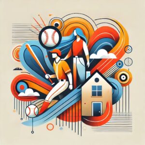 栗原陵矢選手の2023年シーズンの活躍を象徴する抽象的なフラットイラスト。支え合うパートナーシップとスポーツの情熱をテーマにしたデザイン。